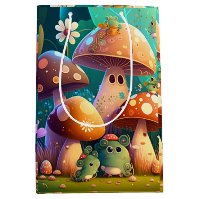 Sacola Para Presentes Média Cogumelos de bebê bonitinho e verde (Frente)