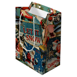 Sacola Para Presentes Média Colagem de Cartões de Natal Vintage Retrô