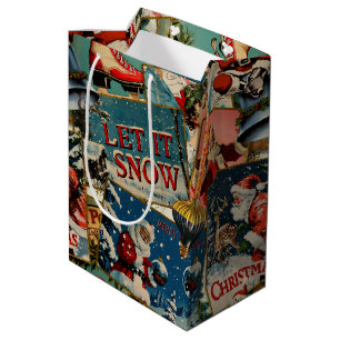Sacola Para Presentes Média Colagem de Cartões de Natal Vintage Retrô