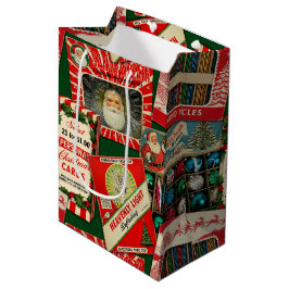 Sacola Para Presentes Média Colagem de Decorações de Natal Vintage Retrô