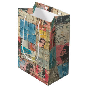 Sacola Para Presentes Média Colagem de Folhas de Jornais Rustic Vintage (10)