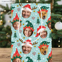 Sacola Para Presentes Média Colagem de Fotos de Natal Rosto Engraçado Festivo 