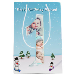 Sacola Para Presentes Média Colagem de Fotos do Gelo da Neve de inverno do Gra