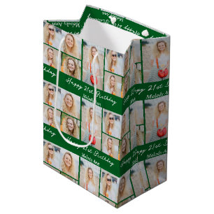 Sacola Para Presentes Média Colagem de Fotos Personalizada Verde Feliz Anivers