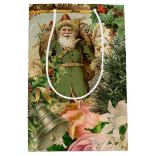 Sacola Para Presentes Média Colagem de Natal do Papai Noel Verde do Velho Mund