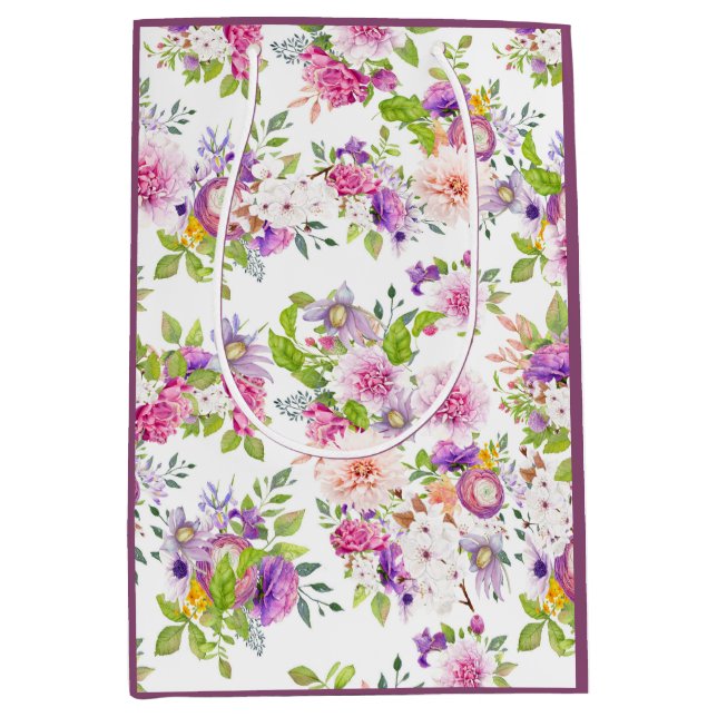 Sacola Para Presentes Média Colagem de Ranunculus de Primavera e Rosa (Frente)