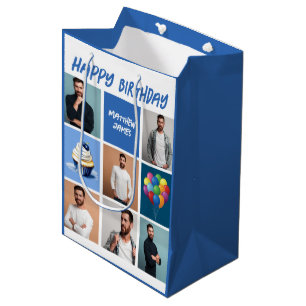 Sacola Para Presentes Média Colagem Personalizada de Fotos Aniversário Azul Pe