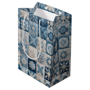 Sacola Para Presentes Média Colcha de Floco de Neve Azul e Branco