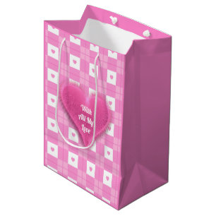 Sacola Para Presentes Média Coleção de Coração Rosa de Xadrez de Amor Moderno