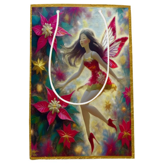 Sacola Para Presentes Média Coleção de Fadas de Natal - Cabelo castanho escuro (Frente)