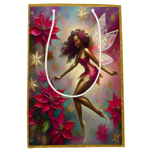 Sacola Para Presentes Média Coleção de Fadas de Natal - Cabelo Natural Castanh (Frente)