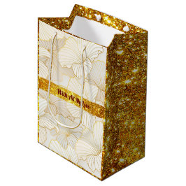 Sacola Para Presentes Média Coleção Dourada de Linha Floral Branca Elegante