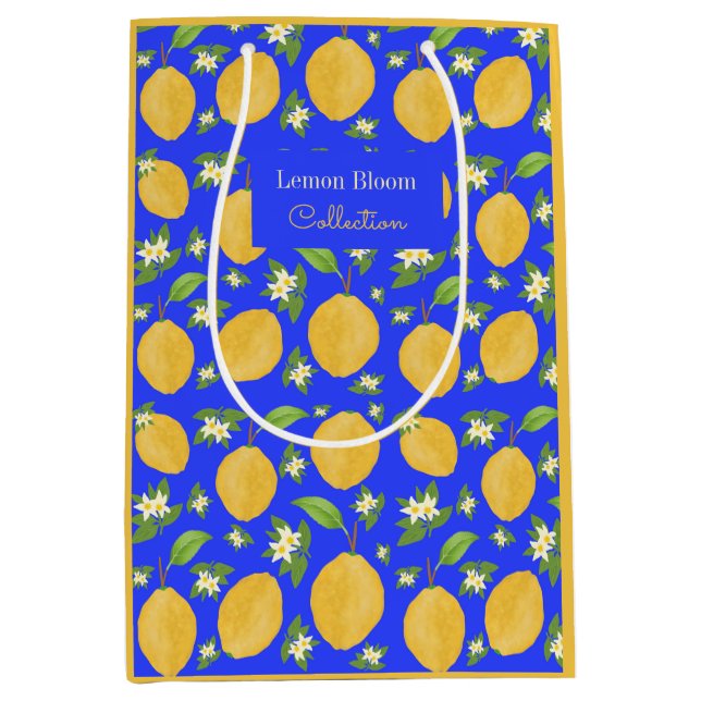 Sacola Para Presentes Média Coleção Lemon Bloom azul estampado (Frente)