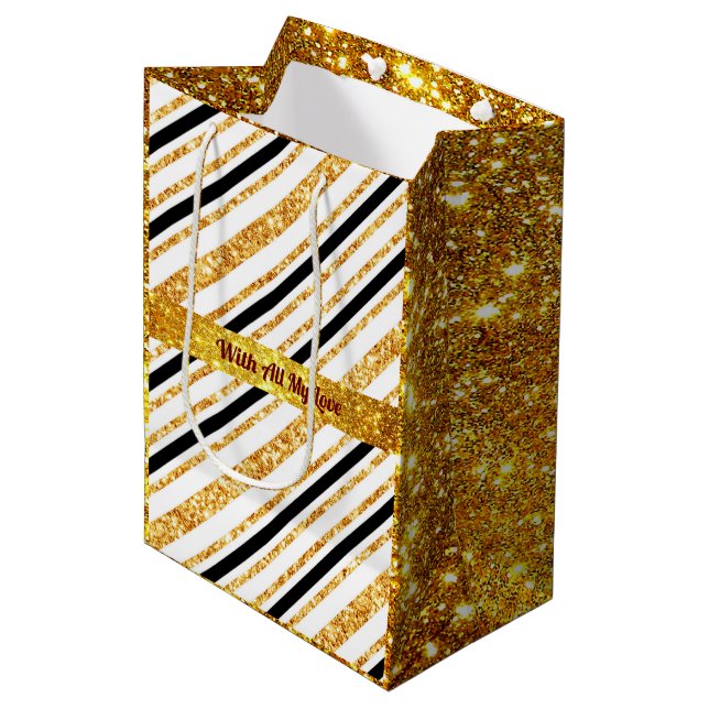 Sacola Para Presentes Média Coleção Popular Dourada Glitter Black Boho (Frente inclinada)