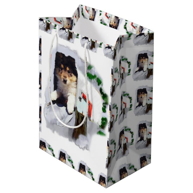 Sacola Para Presentes Média Collie Puppy Christmas (Verso inclinado)