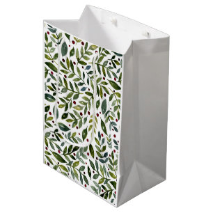 Sacola Para Presentes Média Coloração aquosa verde ramos e bagas sazonais
