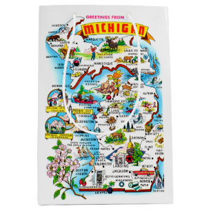 Sacola Para Presentes Média Colorir Mapa de Michigan Vintage