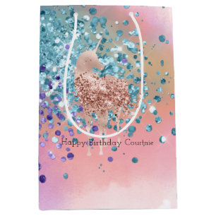 Sacola Para Presentes Média Confetti Glitter Roxo Púrpura do Unicórnio Rosa