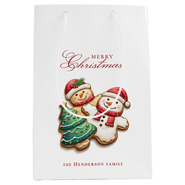 Sacola Para Presentes Média Cookies de Natal e Nome Personalizado Branco (Frente)