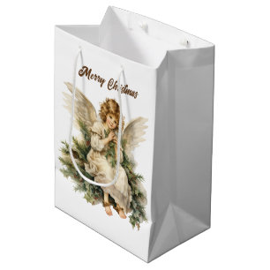 Sacola Para Presentes Média Cor da água do Natal Festiva Anjo adicionar texto