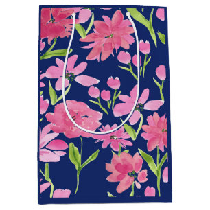 Sacola Para Presentes Média Cor da Água Floral Rosa no Fundo do Marinho