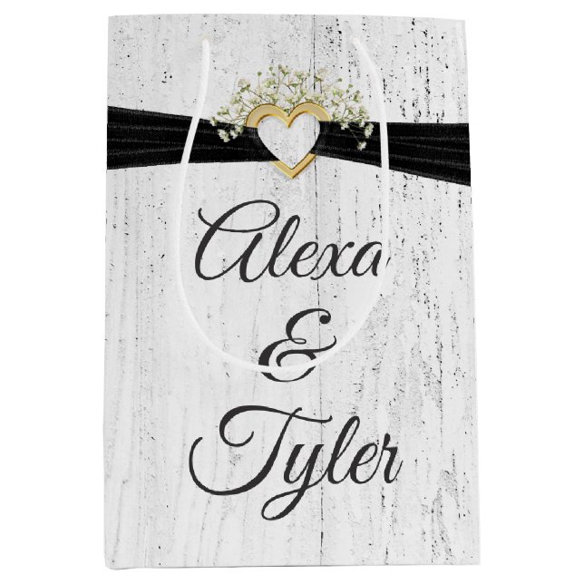 Sacola Para Presentes Média Coração com Fita Preta em Madeira Branqueada (Frente)