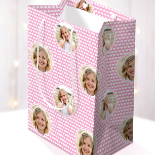 Sacola Para Presentes Média Coração de Amor Bonito 2 Foto Padrão Rosa Branco