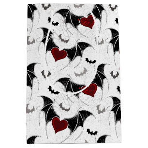 Sacola Para Presentes Média Coração de Halloween com asas de morcego preto