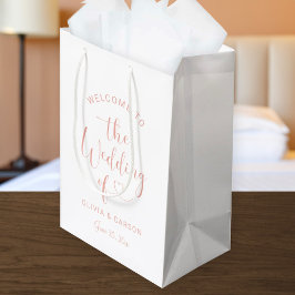 Sacola Para Presentes Média Coração de Rosa Dourado Script Boas-Vindas Casamen
