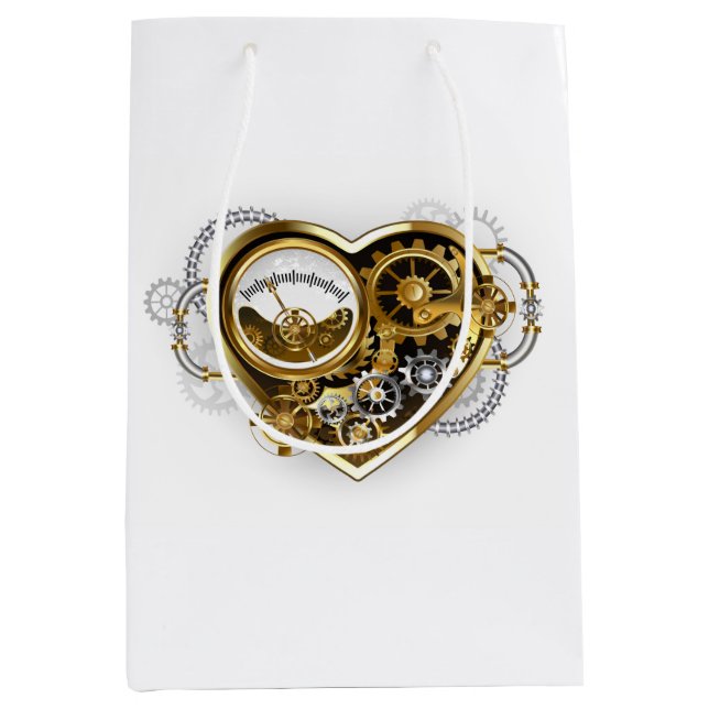 Sacola Para Presentes Média Coração Steampunk com Manômetro (Frente)