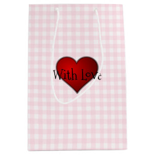 Sacola Para Presentes Média Coração Vermelho Gingham, Rosa Pálido, Com Amor