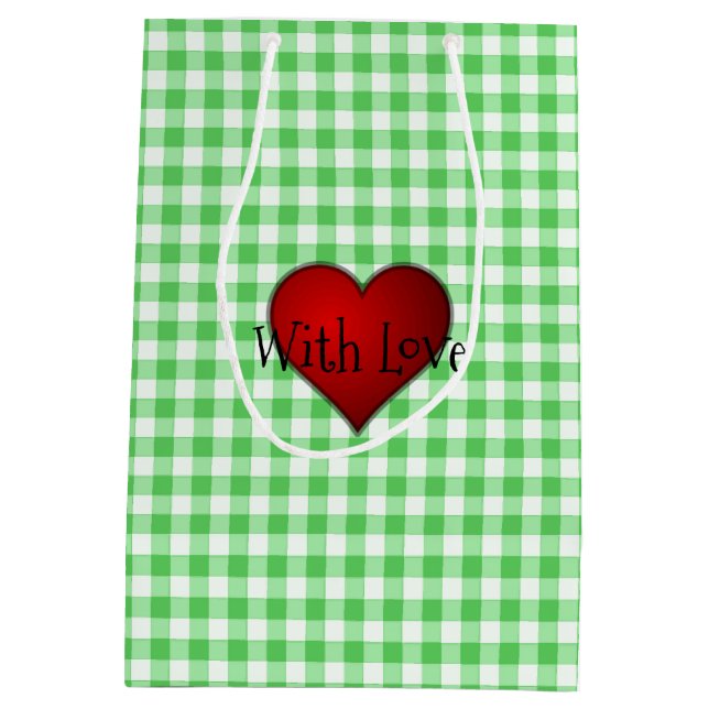 Sacola Para Presentes Média Coração Vermelho Verde Gingham Com Amor (Verso)