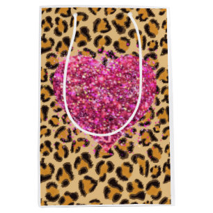 Sacola Para Presentes Média Corações cor-de-rosa selvagem e impressão Leopa