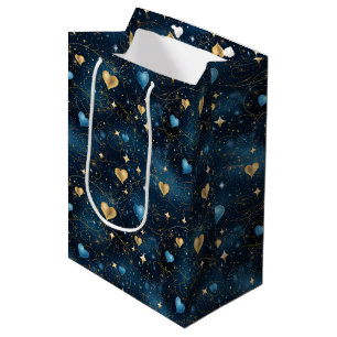 Sacola Para Presentes Média Corações cósmicos elegantes em azul e Dourado