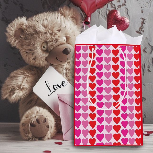 Sacola Para Presentes Média Corações de Fúchsia Rosa Vermelho (Criador carregado)