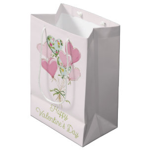 Sacola Para Presentes Média Corações de São Valentim Balões Cor-de-Rosa e Verd