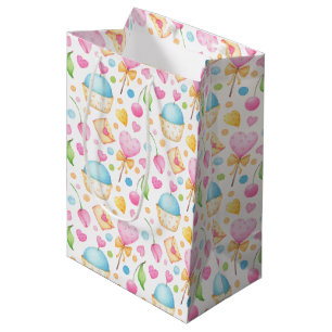 Sacola Para Presentes Média Corações e Cupcakes Delicioso Padrão de Aquarel