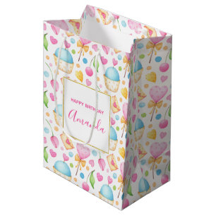 Sacola Para Presentes Média Corações e Cupcakes Padrão de Aquarela Anivers