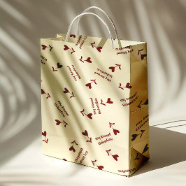 Sacola Para Presentes Média Corações em Script Borgonha em Creme - Padrão de D
