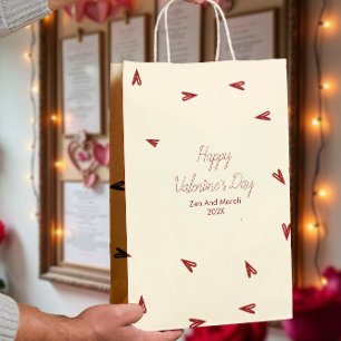Sacola Para Presentes Média Corações Vermelho Burgundy e Creme Mínimo do Dia d