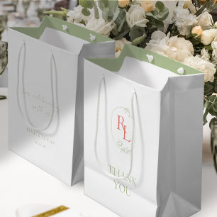 Sacola Para Presentes Média Coral Branco Verde   Casamento Monograma Obrigado