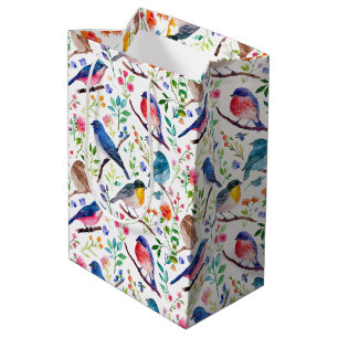 Sacola Para Presentes Média Cores d'água coloridas aves e padrão das flores