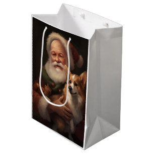 Sacola Para Presentes Média Corgi com Papai Noel Natal Festivo