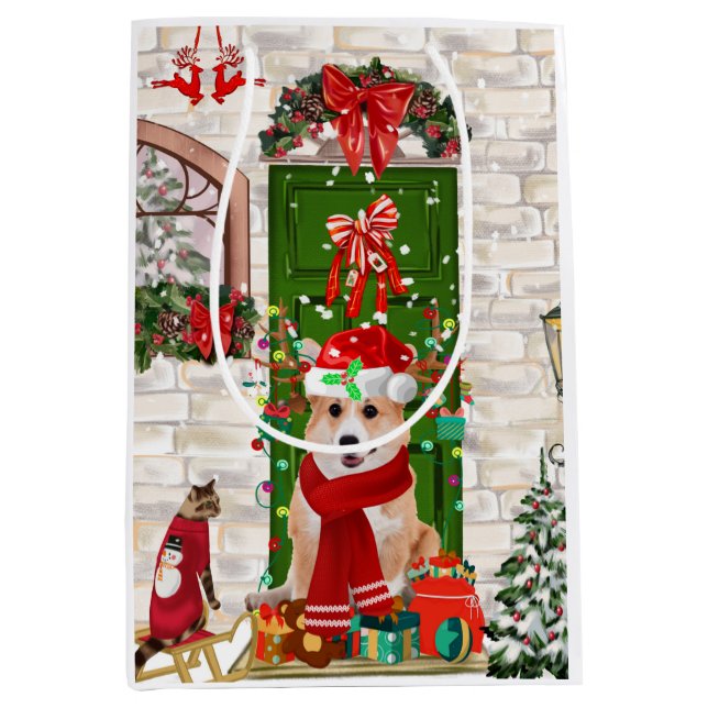 Sacola Para Presentes Média corgi Dog Christmas (Frente)
