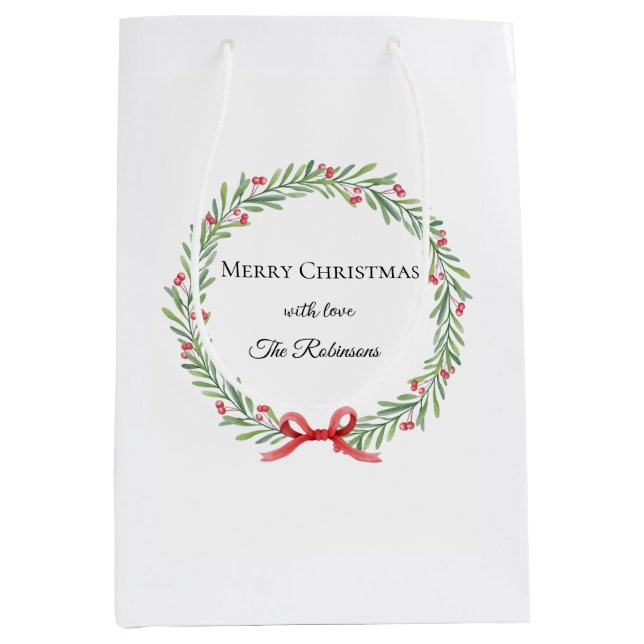 Sacola Para Presentes Média Coroa de Natal Botânica Rótulo Moderno (Frente)