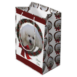 Sacola Para Presentes Média Coroa de Natal de Bichon Frise