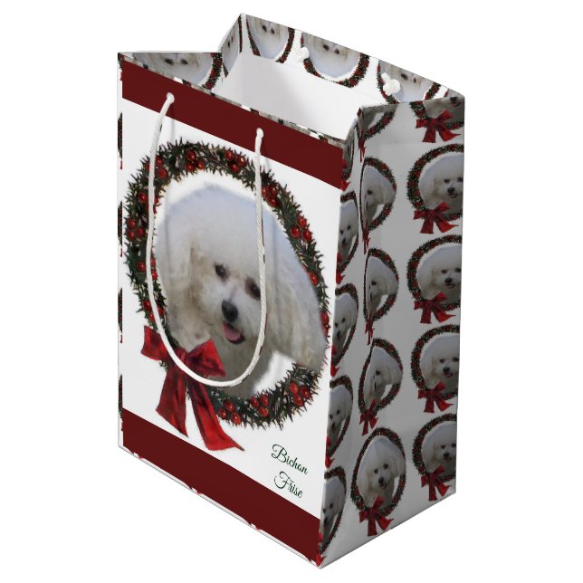 Sacola Para Presentes Média Coroa de Natal de Bichon Frise (Verso inclinado)