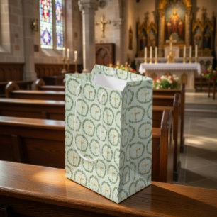 Sacola Para Presentes Média Coroa de Oliveiras e Cruz Dourada do Batismo
