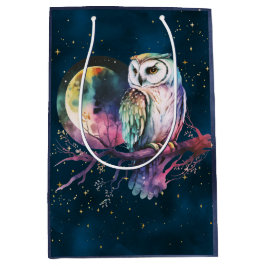 Sacola Para Presentes Média Coruja Arco-íris Mística e Lua Cheia Celestial