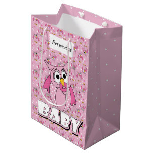 Sacola Para Presentes Média Coruja Dotada de Polka, Bebê Rosa